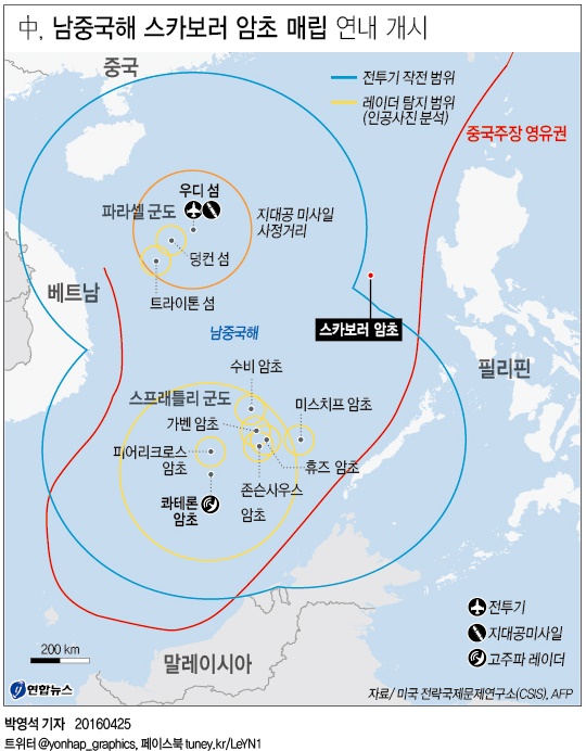 "中, 연내 남중국해 스카보러 암초 매립 개시…전초기지화 착수" - 1