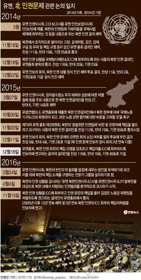 유엔총회 12년연속 北인권결의안 채택…'김정은 처벌' 더 명확화(종합) - 2