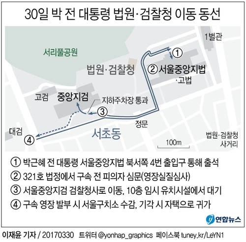 [그래픽] 30일 박 전 대통령 법원·검찰청 이동 동선