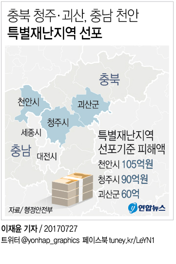 [그래픽] 충북 청주·괴산, 충남 천안 특별재난지역 선포