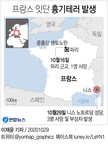충격 가시기도 전에 또 참수사건…프랑스 니스 테러로 3명 사망(종합2보) - 2