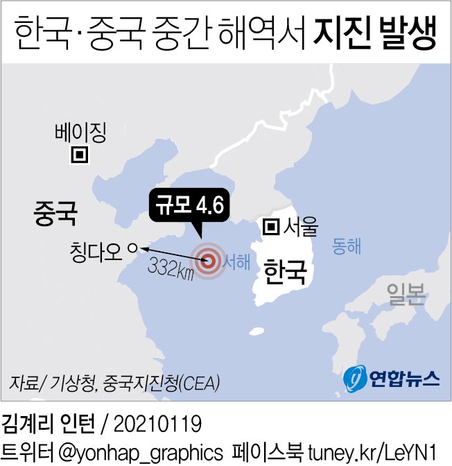 [그래픽] 한국·중국 중간 해역서 지진 발생