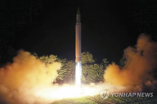An intercontinental ballistic missile launches in North Korea on July 28, 2017, in this photo released by the North's media. (AP-Yonhap)