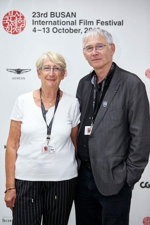 This photo of the founders of the Vesoul International Film Festival of Asian Cinema, Martine Therouanne (L) and Jean-Marc Therouanne, during a media interview on Oct. 11, 2018 was provided by the Busan International Film Festival. (Yonhap)