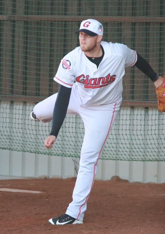 This photo provided by the Lotte Giants shows the team's pitcher Jake Thompson throwing in the bullpen during spring training in Kaohsiung, Taiwan, on Feb. 13, 2019. (Yonhap)