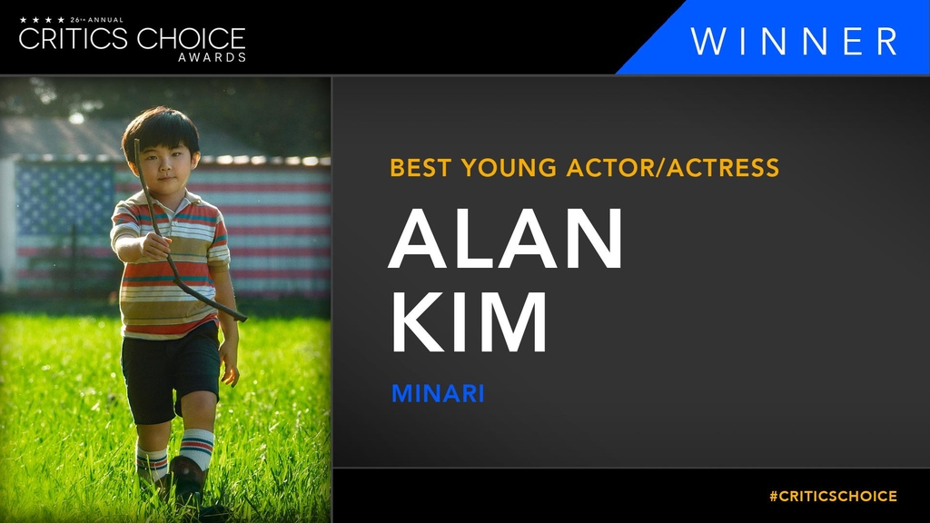 This image from the Twitter account of the Critics Choice Association announces Alan Kim of "Minari" as the winner of best young actor/actress at the 26th annual Critics Choice Awards on March 7, 2021. (PHOTO NOT FOR SALE) (Yonhap)