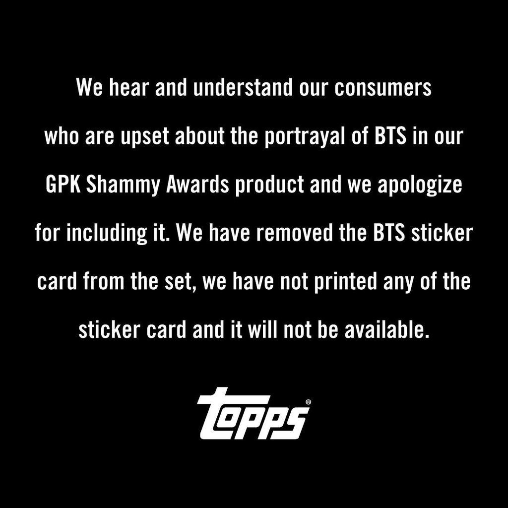 This screenshot, shared on the official Twitter account of Topps, shows a statement after its Grammy-themed product came under fire for its violent depiction of BTS. (PHOTO NOT FOR SALE) (Yonhap)