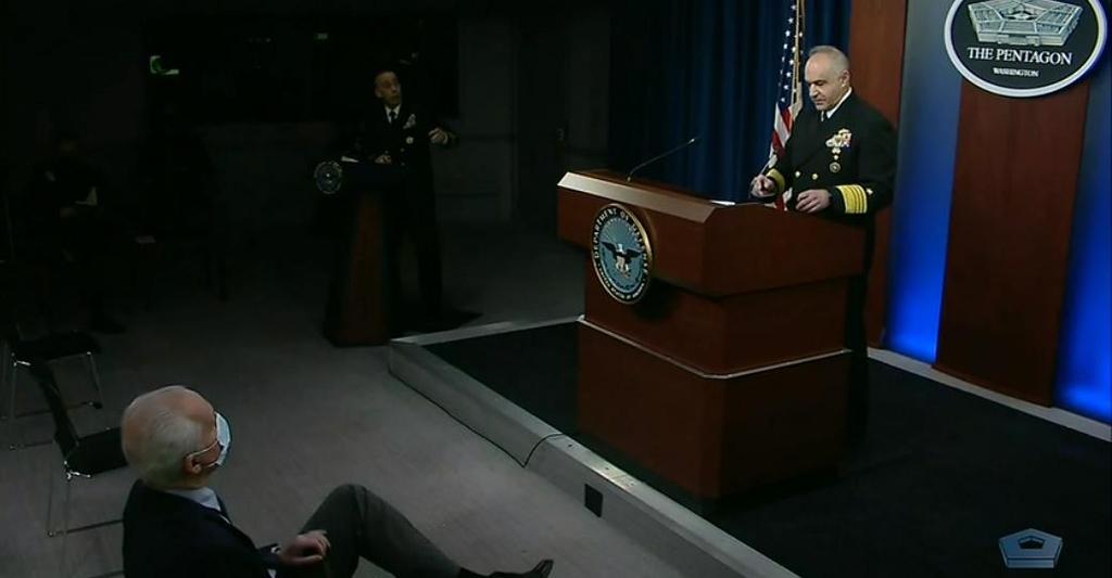 The captured image from the website of the U.S. Department of Defense shows Adm. Charles Richard, commandeer of the U.S. Strategic Command, (at podium) speaking at a news conference at the Defense Department in Washington on April 22, 2021. (Yonhap)
