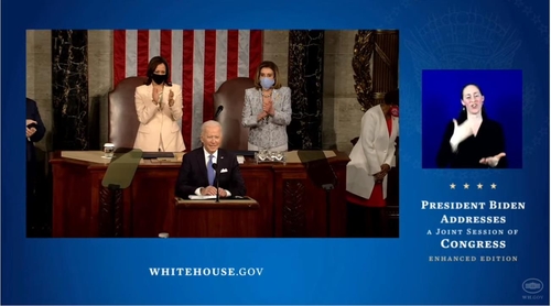 This image captured from the website of the White House shows U.S. President Joe Biden (at podium) preparing to deliver his first presidential address to the U.S. Congress in Washington on April 28, 2021. (Yonhap)