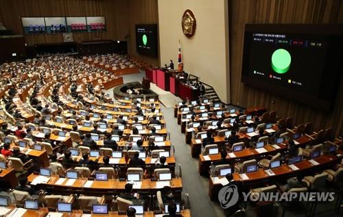 Lawmakers pass a bill that calls for tougher punishment for stalking during a plenary session of the National Assembly in Seoul on March 24, 2021. (Yonhap)