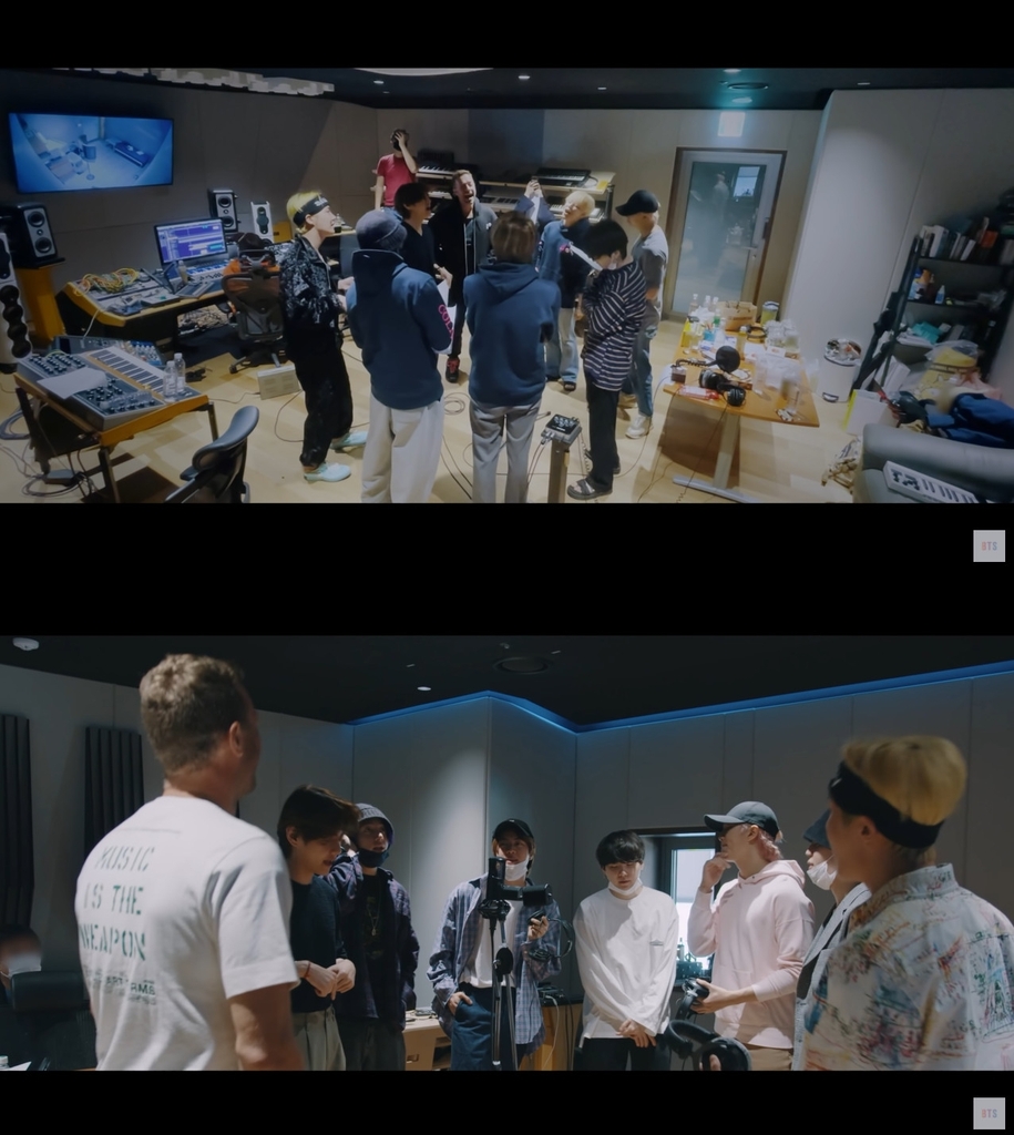 These stills, provided by Big Hit Music, show BTS and Chris Martin in a documentary about their collaboration single "My Universe." (PHOTO NOT FOR SALE) (Yonhap)