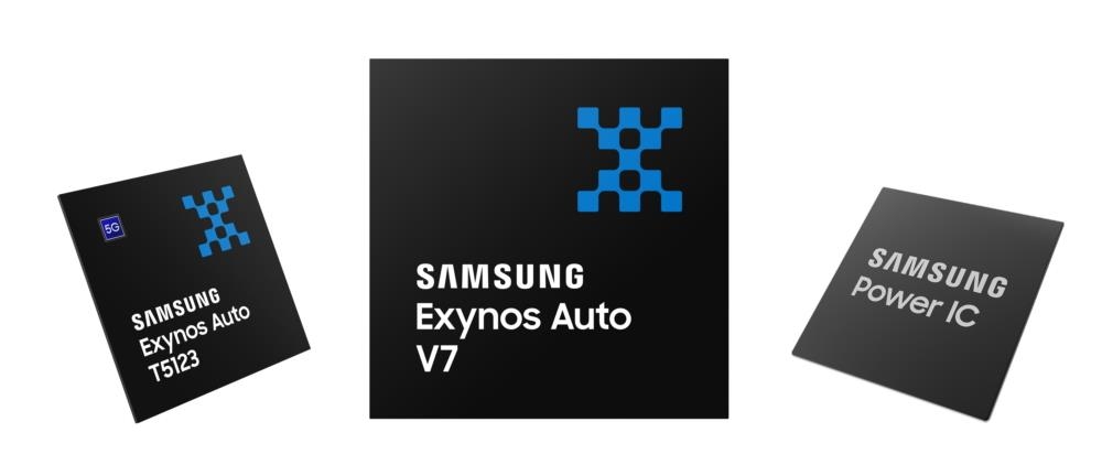 The photo provided by Samsung Electronics Co. on Nov. 30, 2021, shows three of its latest automotive chips. (Yonhap)