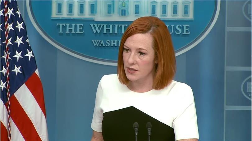 White House Press Secretary Jen Psaki is seen answering a question in a daily press briefing at the White House in Washington on March 14, 2022 in this captured image. (Yonhap)