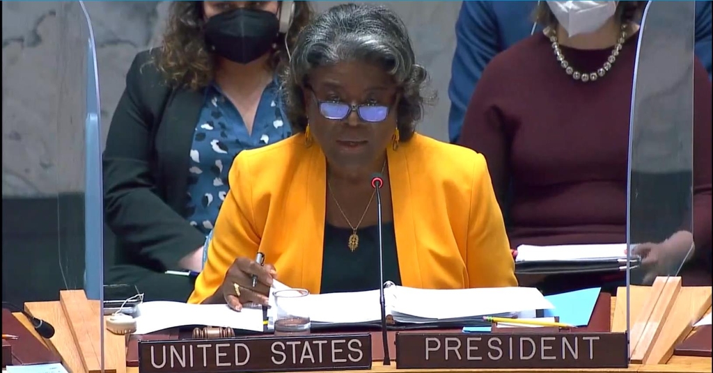 U.S. Ambassador to the U.N. Linda Thomas-Greenfield is seen speaking in a special U.N. Security Council session held in New York on May 11, 2022 to discuss North Korea's recent missile tests in this captured image. (PHOTO NOT FOR SALE) (Yonhap)