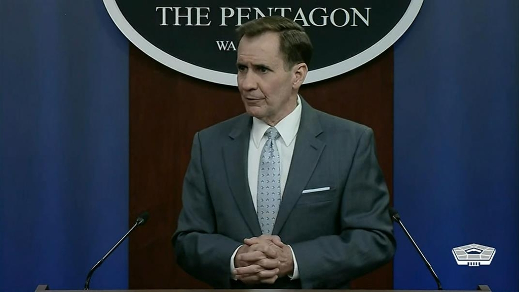 Department of Defense Press Secretary John Kirby is seen answering questions in a daily press briefing at the Pentagon in Washington on May 19, 2022 in this image captured from the department's website. (Yonhap)