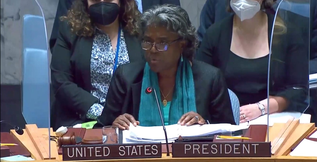 U.S. Ambassador to the U.N. Linda Thomas-Greenfield is seen speaking in a Security Council meeting held in New York on May 26, 2022 before the 15-member council voted on a U.S.-proposed resolution on North Korea in this image captured from the website of the U.N. (PHOTO NOT FOR SALE) (Yonhap)