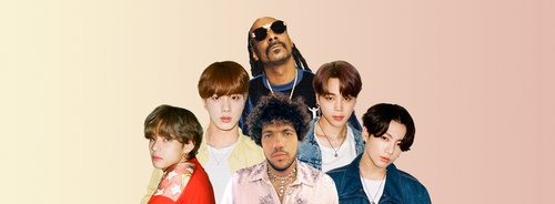 This photo provided by Big Hit Music shows BTS members Jin (2nd from L), Jimin (2nd from R), V (L) and Jungkook (R), with U.S. producer-singer-songwriter Benny Blanco (C, bottom row) and rapper Snoop Dogg. (PHOTO NOT FOR SALE) (Yonhap)