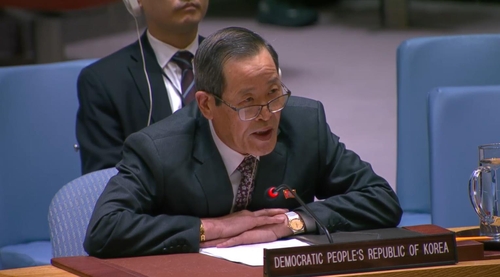 This image, captured from the UN Web TV, shows Kim Song, North Korea's permanent representative to the U.N., speaking during a Security Council meeting on Nov. 27, 2024. (PHOTO NOT FOR SALE) (Yonhap)