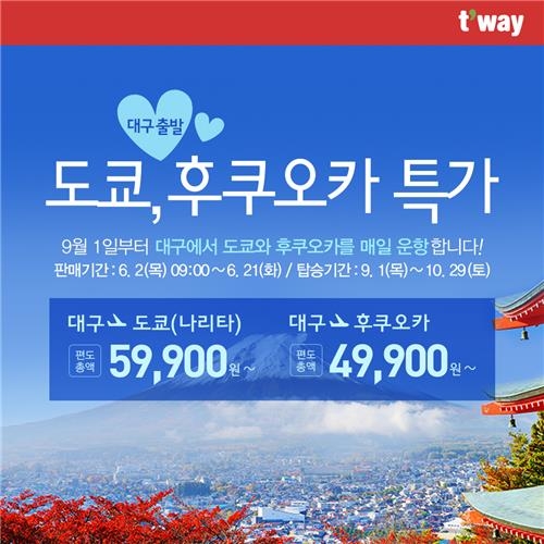 티웨이, 9월부터 대구∼도쿄·대구∼후쿠오카 신규취항 - 2