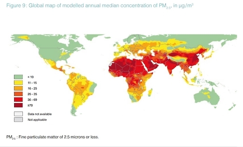 전세계 연간 초미세먼지 오염도