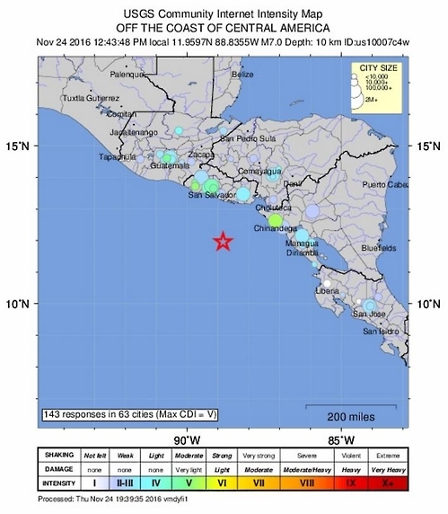미국 지질조사국의 엘살바도르 지진지도 [미국 지질조사국 홈페이지 갈무리]