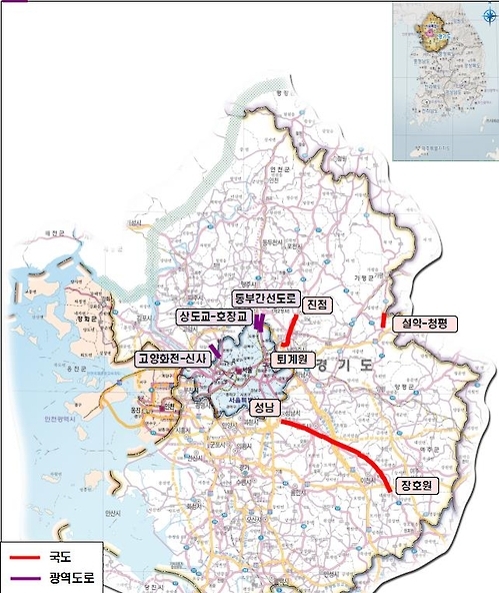 올해 수도권 국도·국지도·광역·혼잡도로 개통 노선 위치도