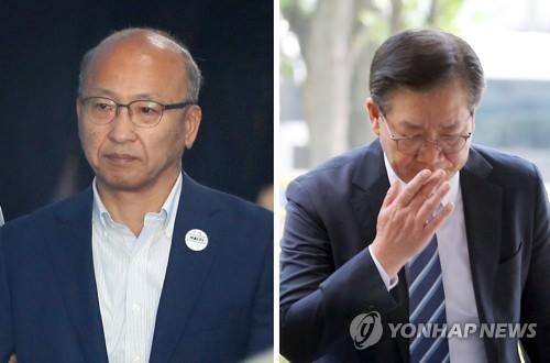 '삼성합병 찬성 압력' 문형표·홍완선 나란히 징역 2년6개월 (서울=연합뉴스) 이상학·정경재 기자 = 삼성물산과 제일모직 합병에 찬성하도록 국민연금관리공단에 압력을 넣은 혐의로 구속 기소된 문형표 전 보건복지부 장관(왼쪽)과 투자위원들에게 합병 찬성을 지시해 국민연금에 거액의 손해를 끼친 혐의로 기소된 홍완선 전 공단 기금운용본부장이 1심 선고 공판에 출석하기 위해 8일 오후 서초동 서울중앙지법으로 들어서고 있다. 서울중앙지법 형사합의21부는 이날 문 전 장관과 홍 전 기금운용본부장에게 각각 징역 2년 6개월을 선고했다. 2017.6.8leesh@yna.co.kr
