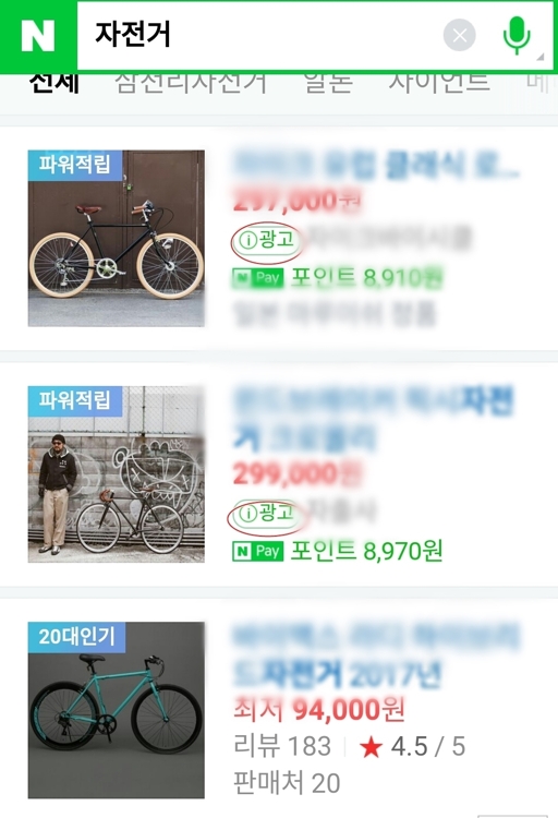 네이버 쇼핑검색 광고상품과 일반 검색결과