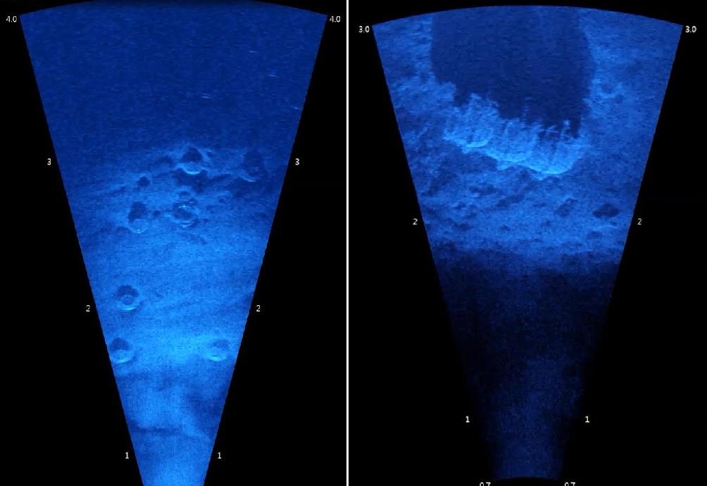 수중초음파카메라로 촬영한 영상. 왼쪽 사진에는 도자기, 오른쪽 사진에는 철제 솥이 보인다. [문화재청 제공]