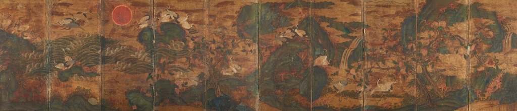 해학반도도(海鶴蟠桃圖), 19세기, 작자미상, 비단에 채색, 388×90cm