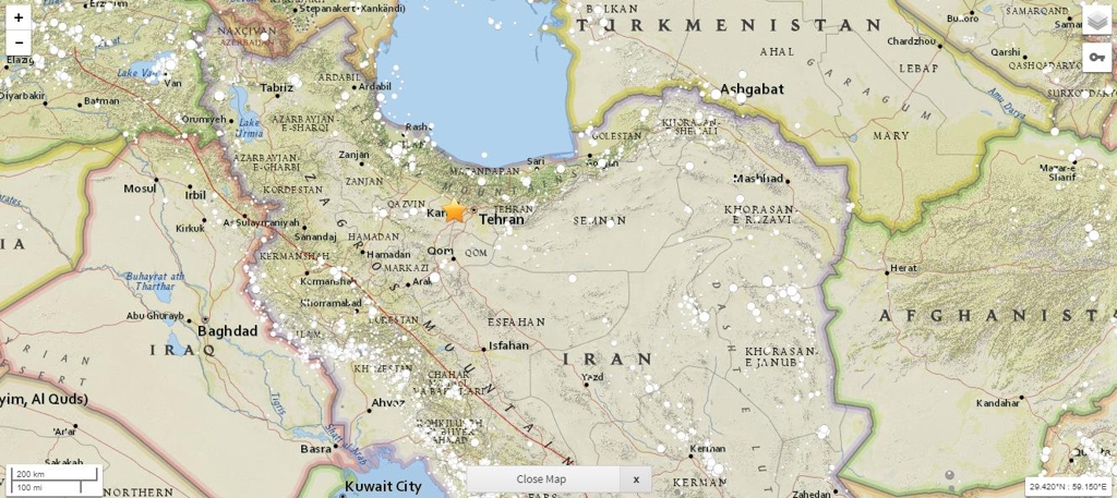 테헤란 주변서 한 주만에 또 지진(별표가 진앙)[ 미국 지질조사국(USGS) 사이트]