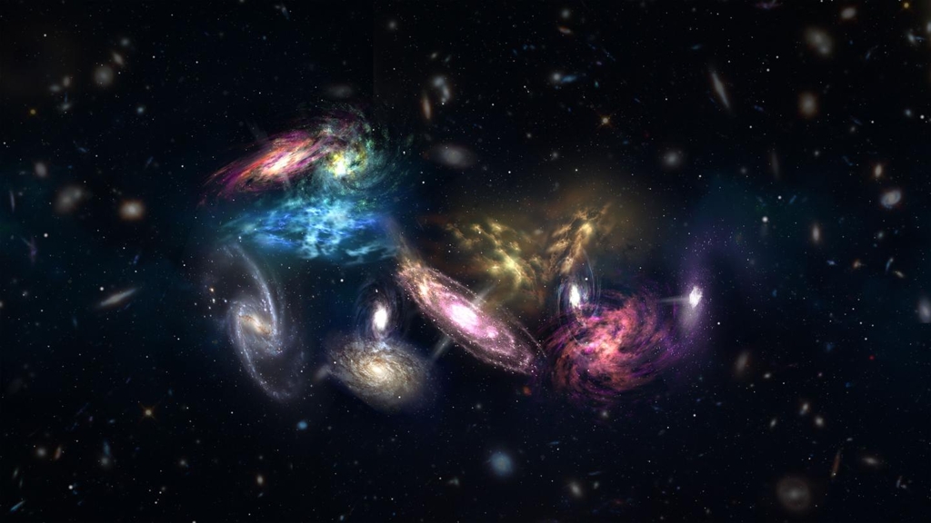 14개 은하 충돌 장면을 보여주는 상상도[제공: NRAO/AUI/NSF/S. Dagnello]