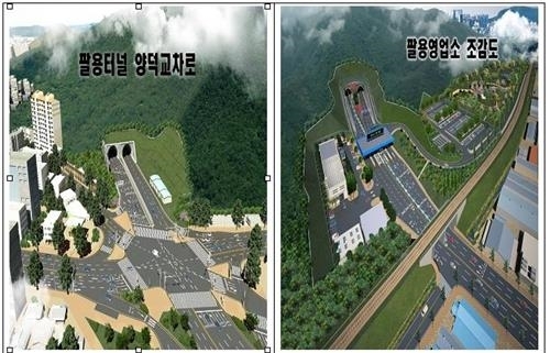 왼쪽은 양덕교차로 쪽 팔용터널, 오른쪽은 팔용동 쪽 팔용터널.