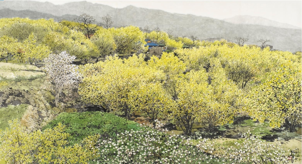 오용길, 봄의 기운-산동, 화선지에 먹과 채색, 94×170cm, 2019