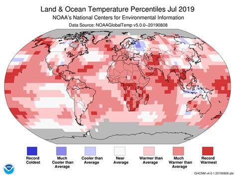 2019년 7월 전 세계 기온(붉을수록 평균보다 높은 것)