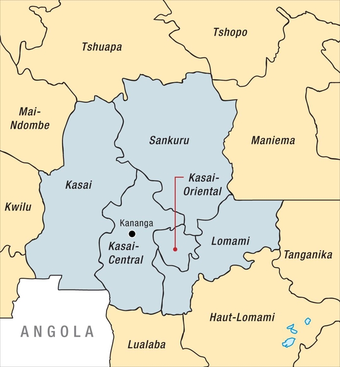 앙골라 접경 콩고민주공화국 남서부 카사이 지역이 표시된 지도[구글 이미지]