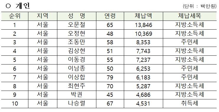2019 지방세 고액·상습 체납 개인 1∼10위
