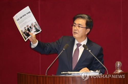 19대 총선 야권연대 홍보물 들어보이는 김태흠 (서울=연합뉴스) 하사헌 기자 = 자유한국당 김태흠 의원이 25일 밤 국회 본회의장에서 '공직선거법 개정안에 대한 무제한 토론' 도중 19대 총선 당시 민주통합당과 통합진보당의 야권연대 홍보물을 들어보이며 자유한국당의 위성정당 구상에 대한 더불어민주당의 비판을 반박하고 있다. 2019.12.25 toadboy@yna.co.kr(끝)