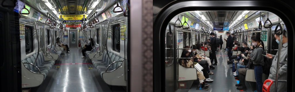 지난달 17일 대구 지하철 출근길 모습(왼쪽). 이날 출근길 지하철 모습(오른쪽)