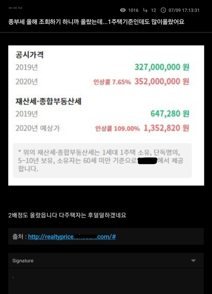 '서울아파트 보유세가 2배 이상 올랐다'는 주장의 인터넷커뮤니티 글