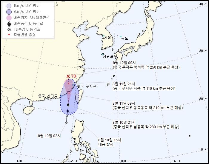 제6호 태풍 '메칼라' 예상 이동경로(오후 10시 기준)