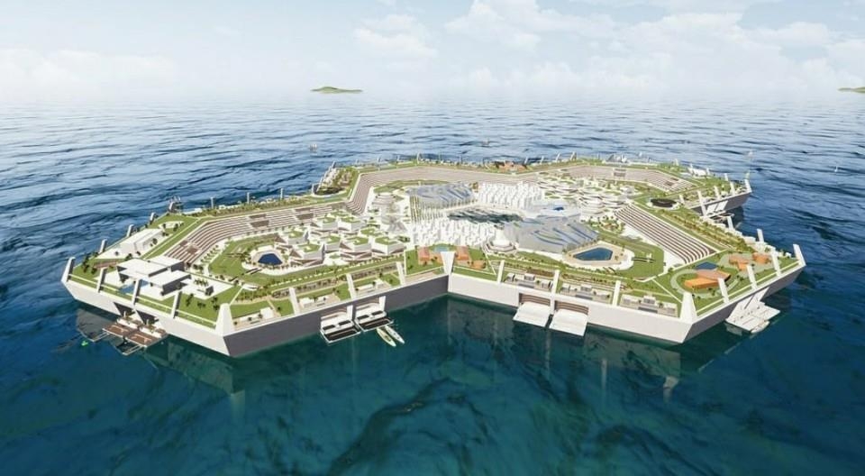 2025년 완공 예정인 세계 최초 인공 수상도시 '블루 에스테이트 섬' 그래픽