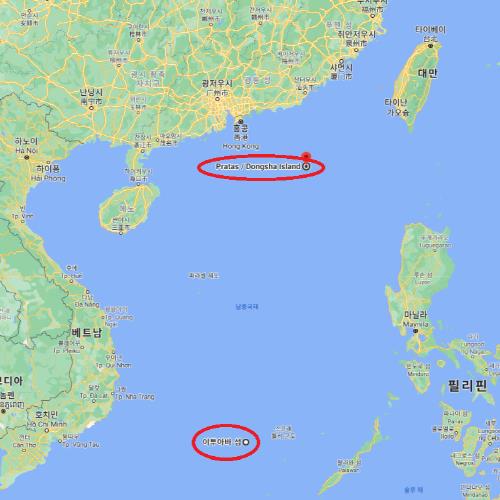 프라타스 군도(위쪽 빨간 원). 타이핑다오(아래쪽 빨간 원)