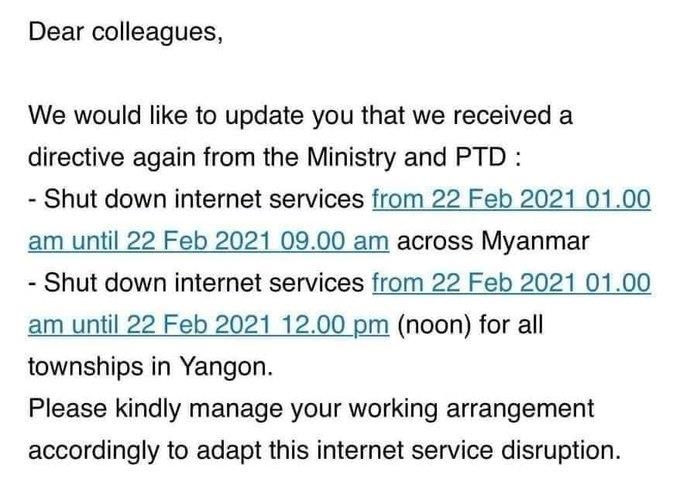 미얀마 군사정권 지시로 미얀마 전역에서 오전 1~9시 인터넷 접속이 차단되지만, 양곤에서는 낮 12시까지 연장될 것이라며 SNS에서 나돌고 있는 안내문.[트위터 캡처. 재판매 및 DB 금지]