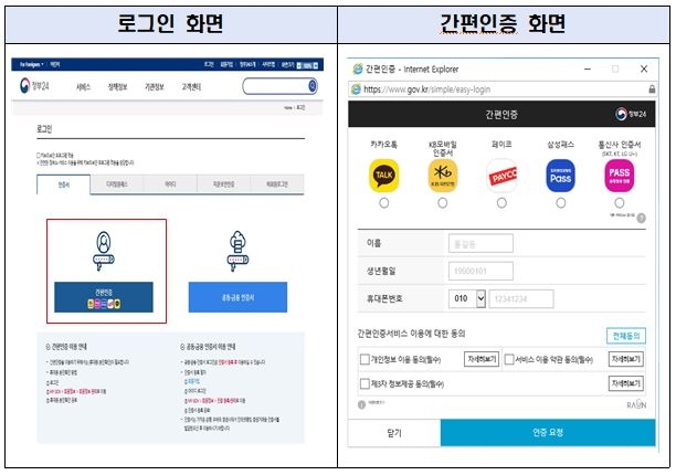 정부24 간편인증 서비스 적용 화면