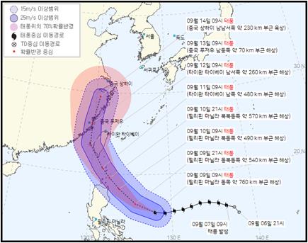 제14호 태풍 '찬투' 예상 이동경로(9일 오전 9시 기준)