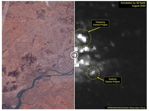 낮(왼쪽)과 밤의 평양시 사동구역과 화성지구 아파트 단지