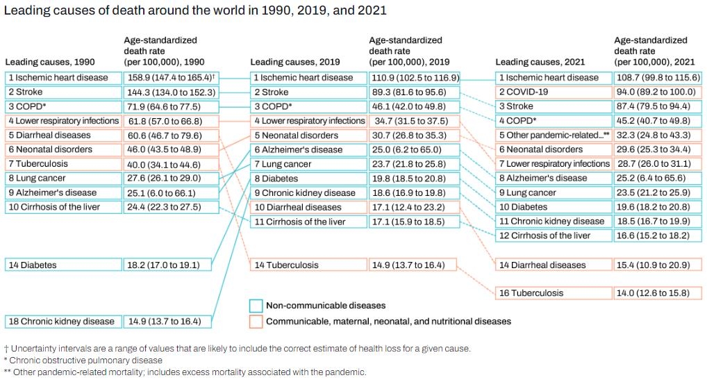 1990·2019·2021년 전 세계 주요 사망 원인 순위 및 변화