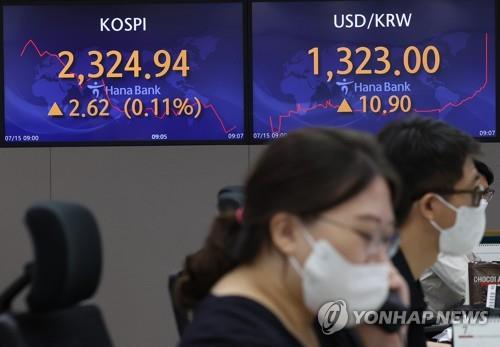 En la imagen, tomada el 15 de julio de 2022, se muestran los movimientos de las acciones y la moneda de Corea del Sur en las pantallas de la sala de operaciones del Banco Hana.