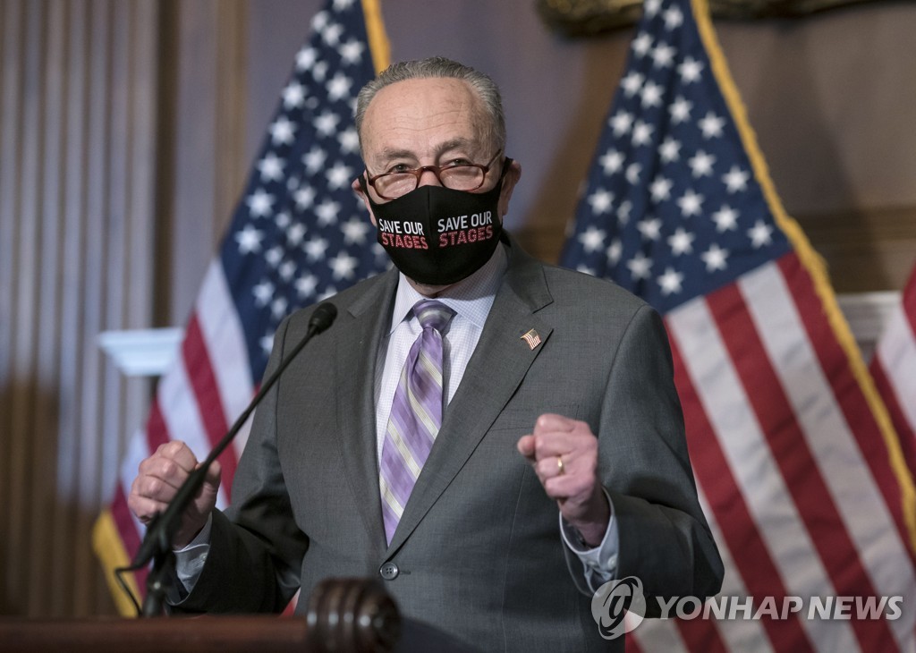 탄핵 심판 앞서 회견하는 슈머 민주당 상원 원내대표